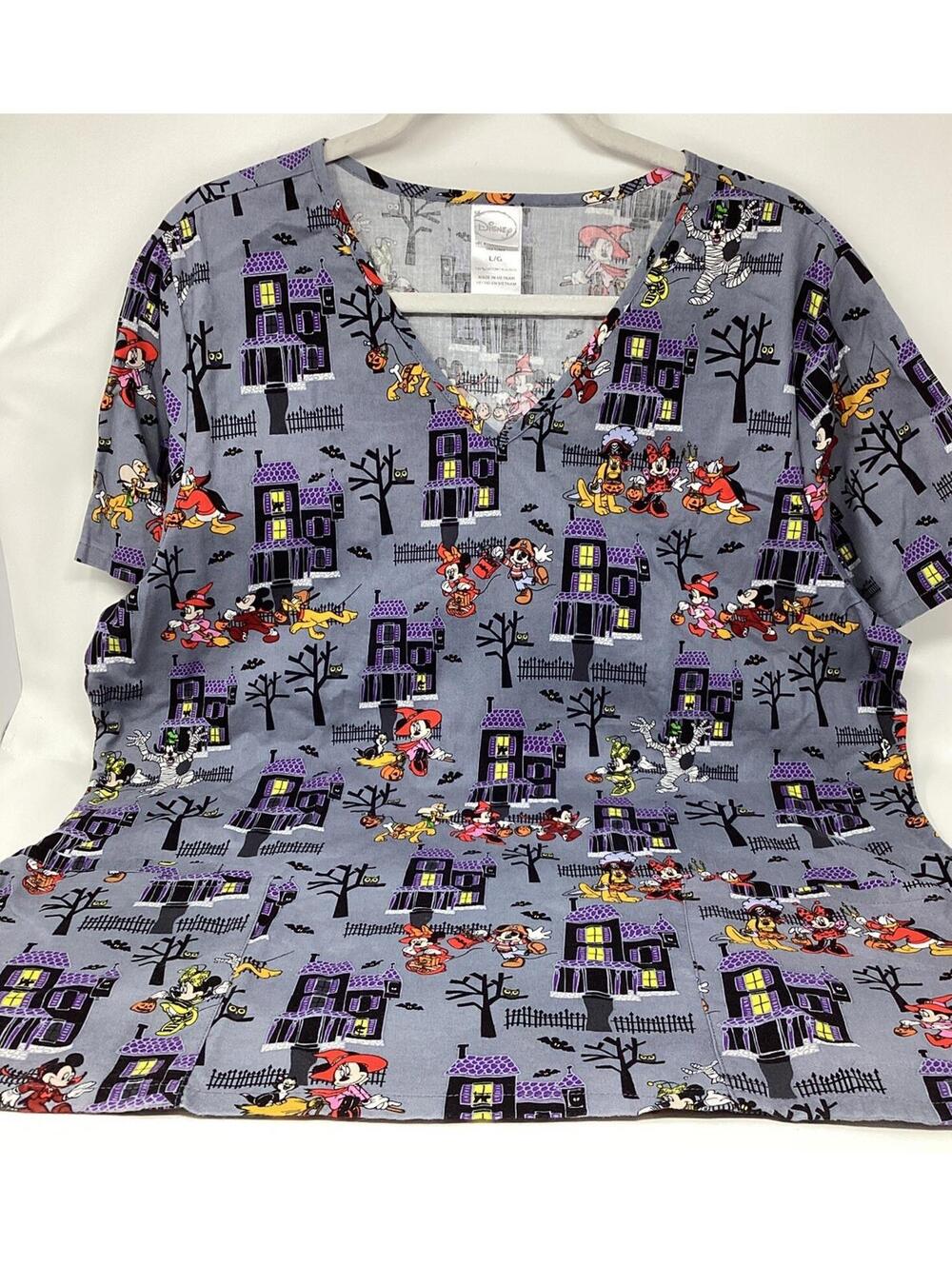 Disney Women Scrub Top Large Gray Halloween Mickey & Friends Short Sleeve